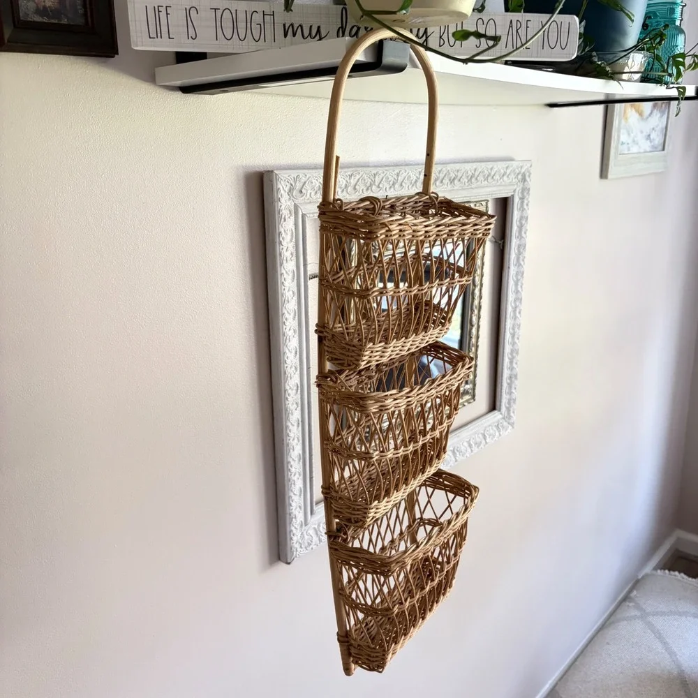 Vintage Woven Wicker 3 Tier Hanging Wall Basket Rattan Boho Mail Organizer Decor